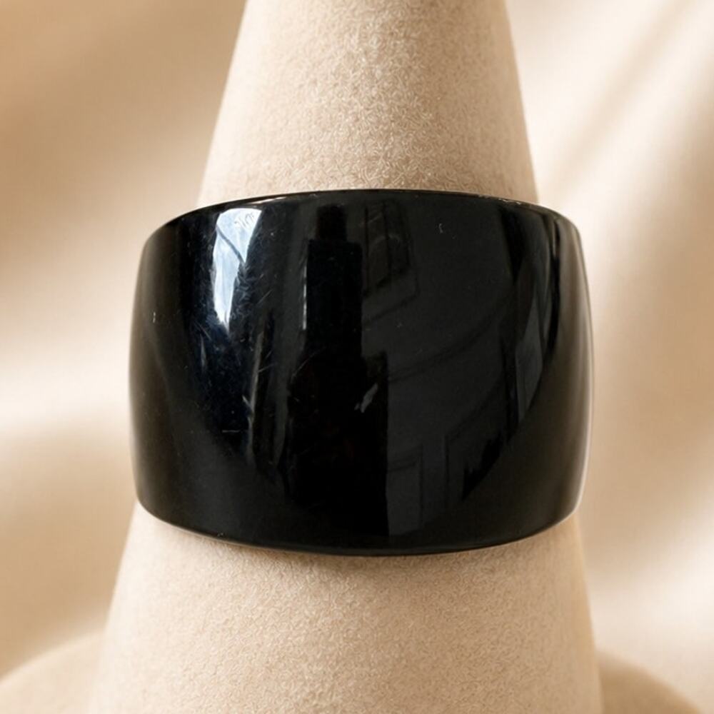 Chunky Black Statement Ring Gold Tone Wide Glossy Vintage Band Size 8.5 Women's